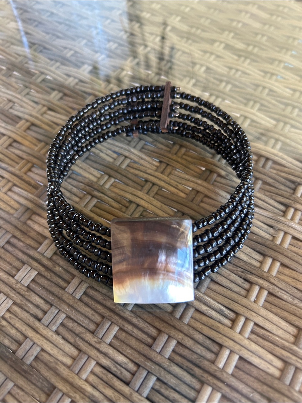 Beaded Multi-Row Black Choker with Iridescent Shell Accent